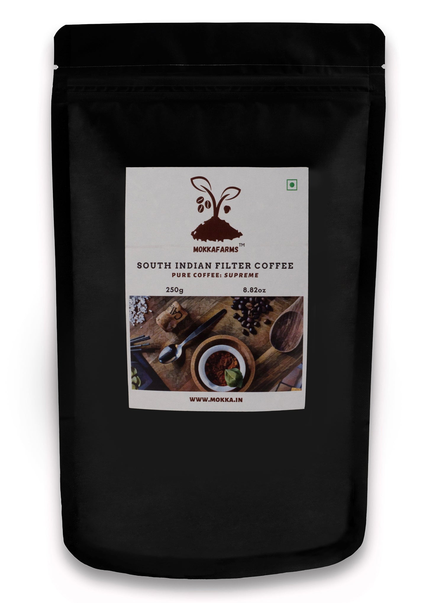 MokkaFarms South Indian Filter Supreme Coffee | 40% Arabica - 60% Robusta Blend | 0% Chicory | Rich, Flavourful & Aromatic | Farm to Fork | Freshly Roast & Ground, Single Origin Coffee | One-way Valve Zip-lock Bag/ Pouch |